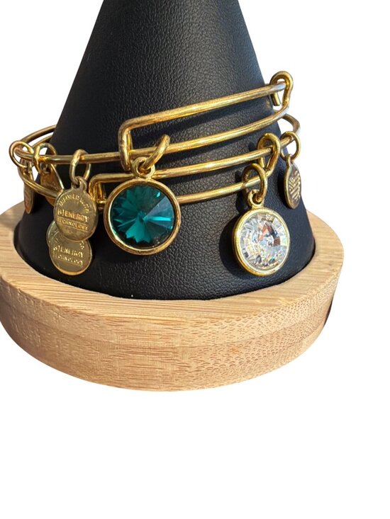 Alex and Ani Jewelry - 2 Alex And Ani Gold Tone Crystal Charm Bangle Bracelets Green Clear Crystal Adj